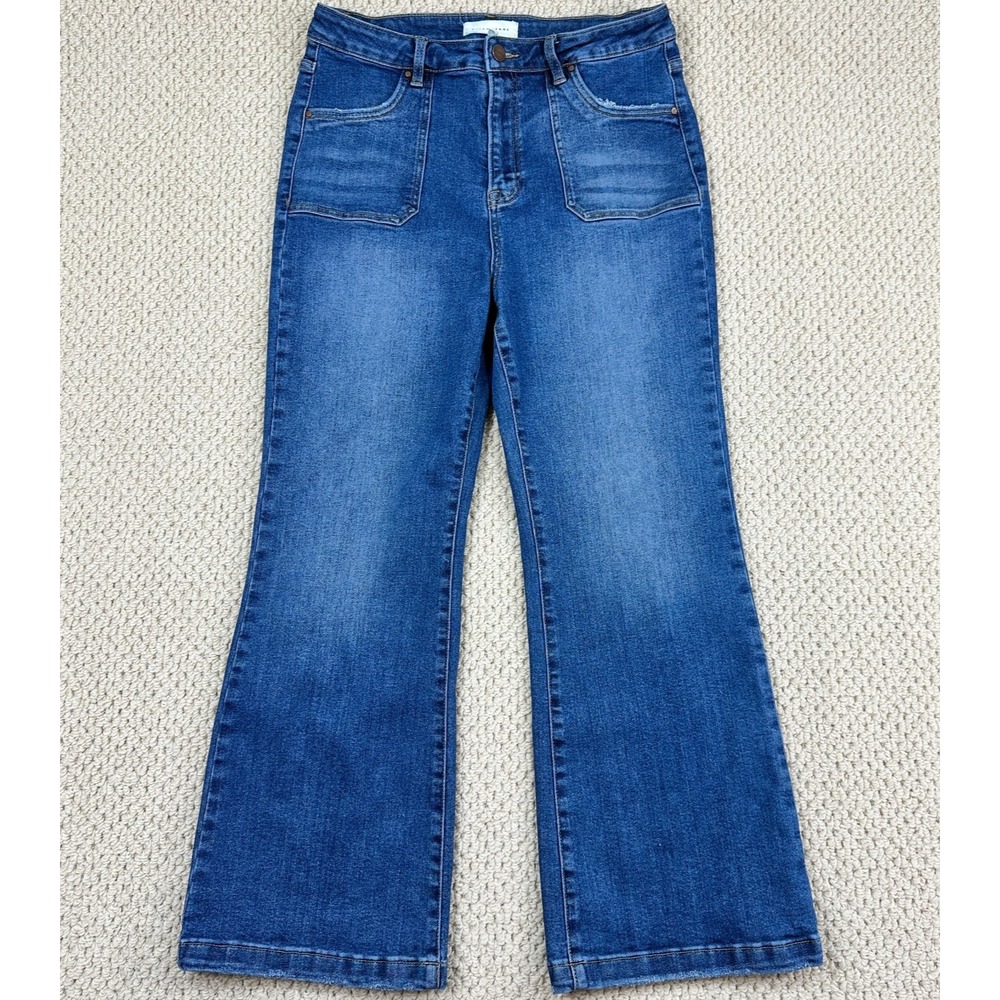 Risen Jeans Womens 15/32 Blue High Rise Front Patch Pocket Ankle Flare Stretch